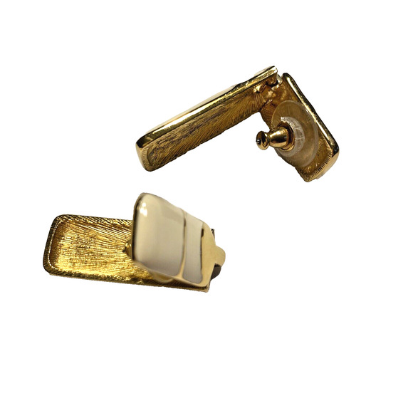 Vintage Monet Pierced Earrings Unique Gold & Creamy White Enamel 80’s Boss Lady - Picture 5 of 6